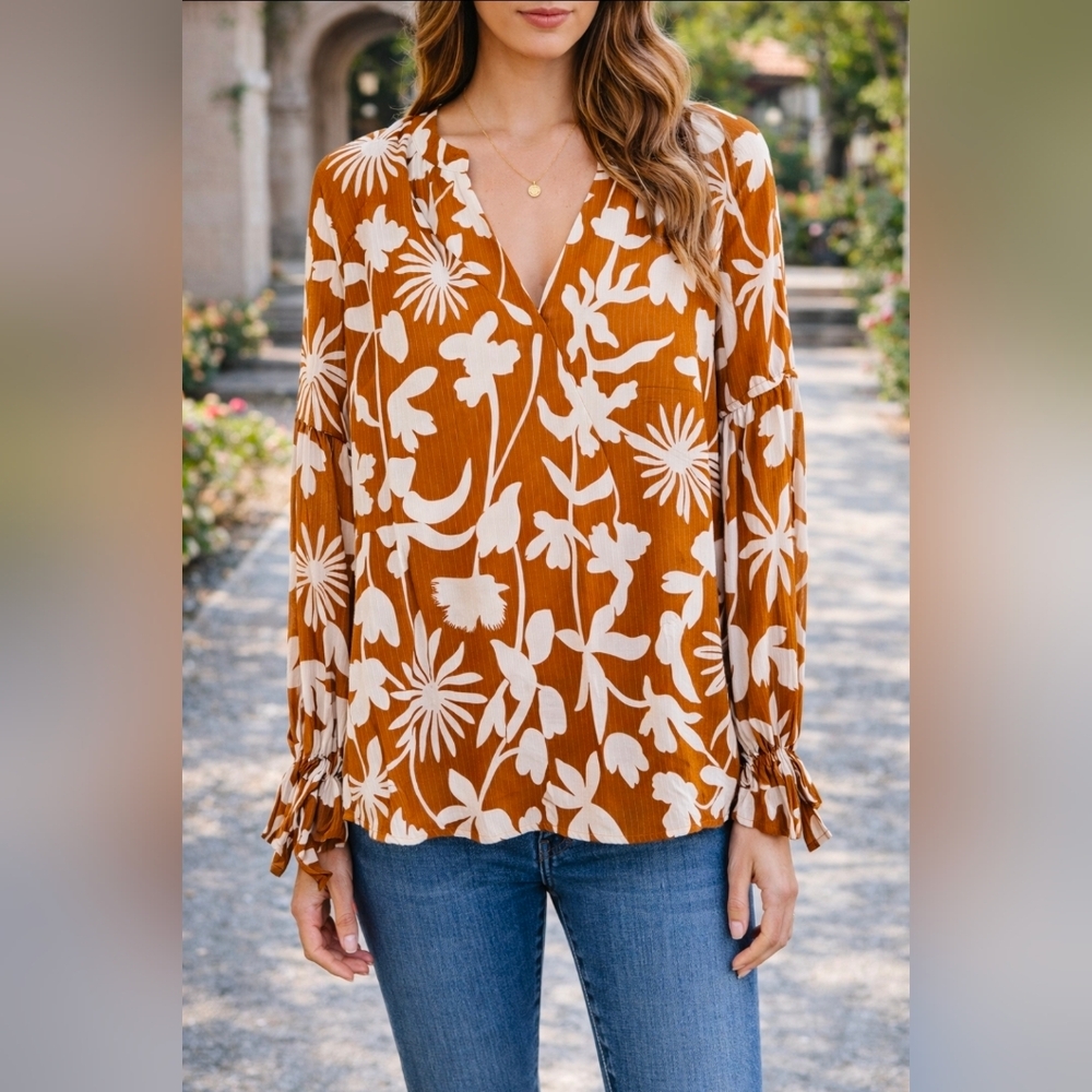 Lush Floral Print V-Neck Blouse - Brown and White